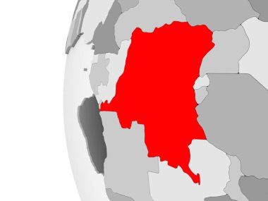 Gri vurgulanan Kongo Demokratik Cumhuriyeti, şeffaf okyanuslar ile siyasi dünya 3d modeli. 3D çizim.