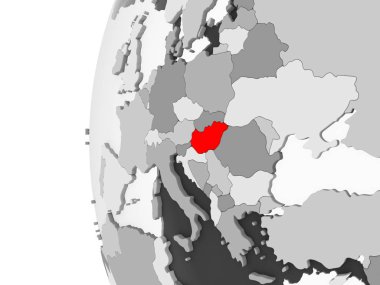 Macaristan vurgulanan gri, şeffaf okyanuslar ile siyasi dünya 3d modeli. 3D çizim.