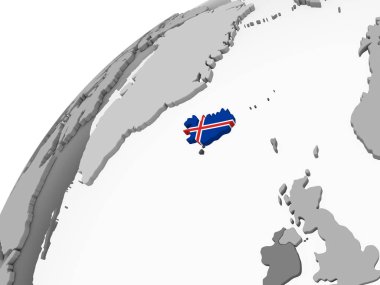 İzlanda katıştırılmış bayrak ile gri siyasi dünya üzerinde. 3D çizim.