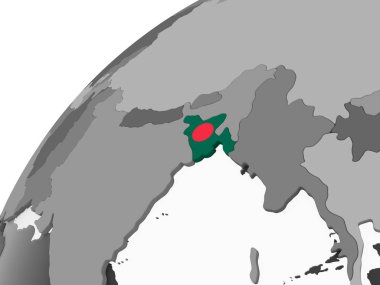 Bangladeş katıştırılmış bayrak ile gri siyasi dünya üzerinde. 3D çizim.