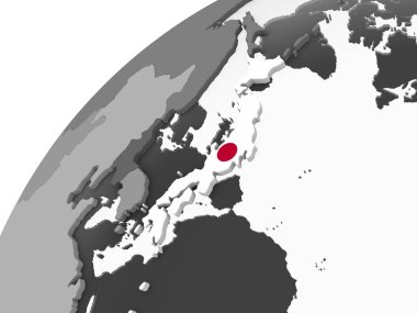 Japonya ile gri siyasi dünya üzerinde bayrak gömülü. 3D çizim.