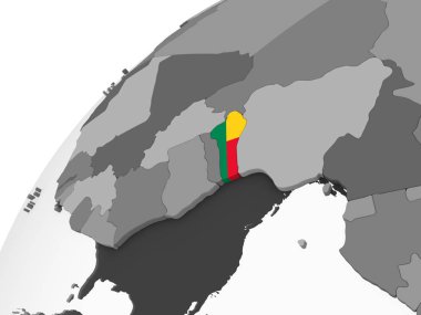 Benin katıştırılmış bayrak ile gri siyasi dünya üzerinde. 3D çizim.