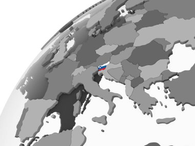 Slovenya katıştırılmış bayrak ile gri siyasi dünya üzerinde. 3D çizim.