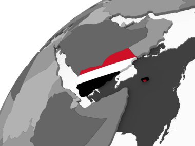 Yemen katıştırılmış bayrak ile gri siyasi dünya üzerinde. 3D çizim.
