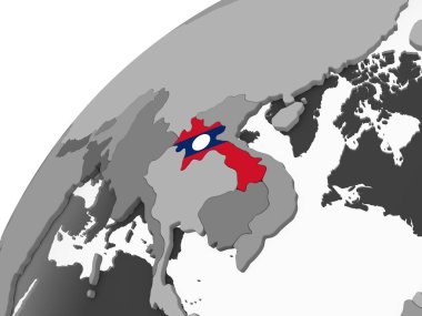 Laos katıştırılmış bayrak ile gri siyasi dünya üzerinde. 3D çizim.