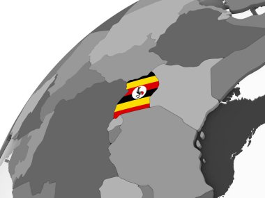 Uganda katıştırılmış bayrak ile gri siyasi dünya üzerinde. 3D çizim.