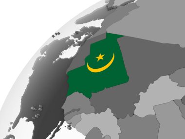 Moritanya katıştırılmış bayrak ile gri siyasi dünya üzerinde. 3D çizim.