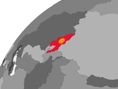 Kırgızistan katıştırılmış bayrak ile gri siyasi dünya üzerinde. 3D çizim.