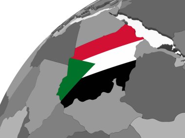 Sudan katıştırılmış bayrak ile gri siyasi dünya üzerinde. 3D çizim.