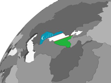Özbekistan katıştırılmış bayrak ile gri siyasi dünya üzerinde. 3D çizim.