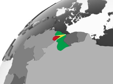 Guyana katıştırılmış bayrak ile gri siyasi dünya üzerinde. 3D çizim.
