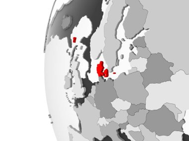 Danimarka vurgulanan gri, şeffaf okyanuslar ile siyasi dünya 3d modeli. 3D çizim.