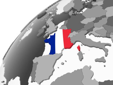 Fransa katıştırılmış bayrak ile gri siyasi dünya üzerinde. 3D çizim.