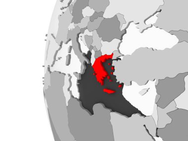 Yunanistan vurgulanan gri, şeffaf okyanuslar ile siyasi dünya 3d modeli. 3D çizim.