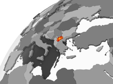 Makedonya katıştırılmış bayrak ile gri siyasi dünya üzerinde. 3D çizim.