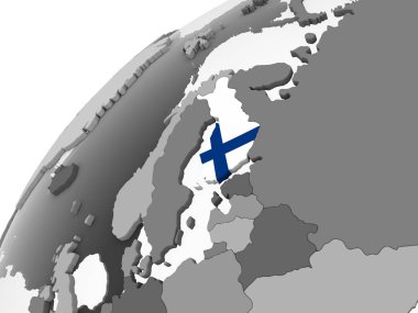 Finlandiya katıştırılmış bayrak ile gri siyasi dünya üzerinde. 3D çizim.