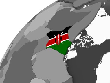 Kenya katıştırılmış bayrak ile gri siyasi dünya üzerinde. 3D çizim.