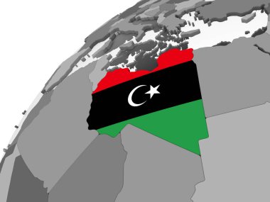Libya katıştırılmış bayrak ile gri siyasi dünya üzerinde. 3D çizim.