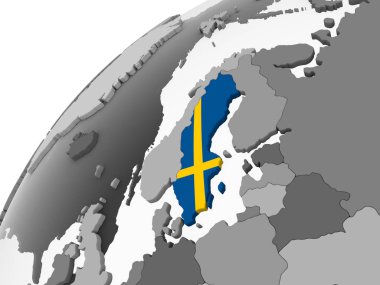 İsveç katıştırılmış bayrak ile gri siyasi dünya üzerinde. 3D çizim.