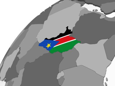 Güney Sudan katıştırılmış bayrak ile gri siyasi dünya üzerinde. 3D çizim.