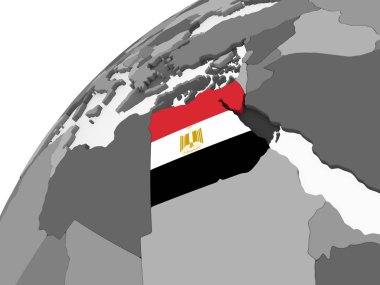 Mısır katıştırılmış bayrak ile gri siyasi dünya üzerinde. 3D çizim.