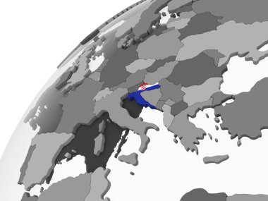 Hırvatistan katıştırılmış bayrak ile gri siyasi dünya üzerinde. 3D çizim.