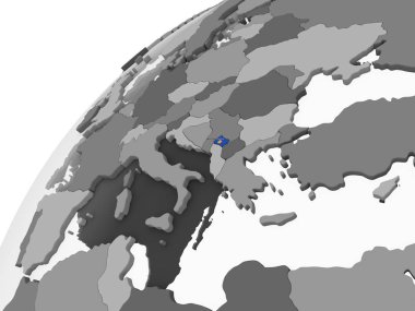 Kosova katıştırılmış bayrak ile gri siyasi dünya üzerinde. 3D çizim.