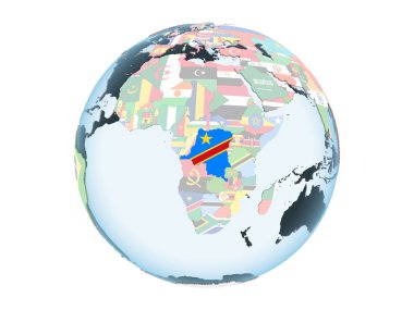 Demokratik Kongo Cumhuriyeti katıştırılmış bayrak ile parlak siyasi dünya üzerinde. 3d illüstrasyon izole beyaz arka plan üzerinde.