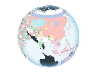 Bhutan katıştırılmış bayrak ile parlak siyasi dünya üzerinde. 3d illüstrasyon izole beyaz arka plan üzerinde.