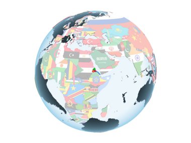 Eritre katıştırılmış bayrak ile parlak siyasi dünya üzerinde. 3d illüstrasyon izole beyaz arka plan üzerinde.