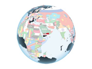 Yemen katıştırılmış bayrak ile parlak siyasi dünya üzerinde. 3d illüstrasyon izole beyaz arka plan üzerinde.