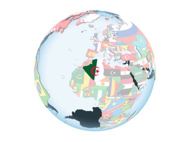 Cezayir katıştırılmış bayrak ile parlak siyasi dünya üzerinde. 3d illüstrasyon izole beyaz arka plan üzerinde.