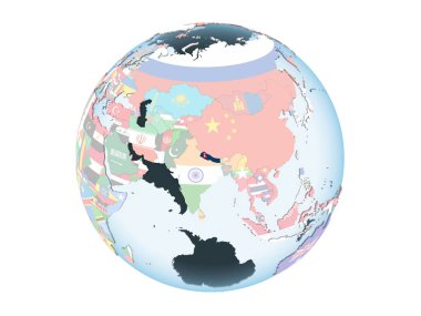 Nepal katıştırılmış bayrak ile parlak siyasi dünya üzerinde. 3d illüstrasyon izole beyaz arka plan üzerinde.