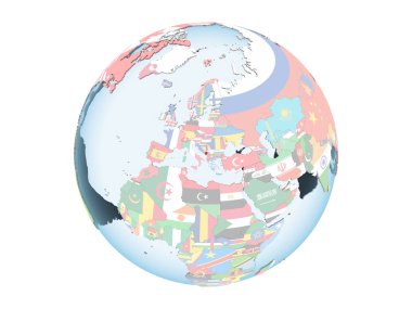 Karadağ katıştırılmış bayrak ile parlak siyasi dünya üzerinde. 3d illüstrasyon izole beyaz arka plan üzerinde.