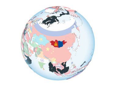 Moğolistan katıştırılmış bayrak ile parlak siyasi dünya üzerinde. 3d illüstrasyon izole beyaz arka plan üzerinde.