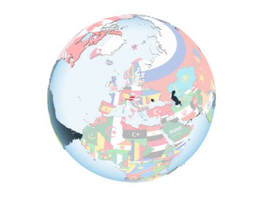 Avusturya katıştırılmış bayrak ile parlak siyasi dünya üzerinde. 3d illüstrasyon izole beyaz arka plan üzerinde.