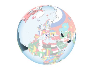 Hırvatistan katıştırılmış bayrak ile parlak siyasi dünya üzerinde. 3d illüstrasyon izole beyaz arka plan üzerinde.