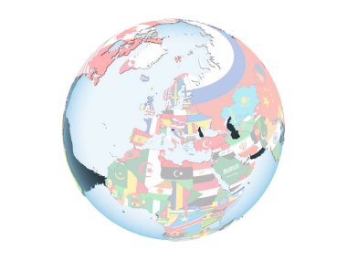 Slovenya katıştırılmış bayrak ile parlak siyasi dünya üzerinde. 3d illüstrasyon izole beyaz arka plan üzerinde.