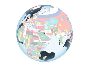 Kuveyt katıştırılmış bayrak ile parlak siyasi dünya üzerinde. 3d illüstrasyon izole beyaz arka plan üzerinde.