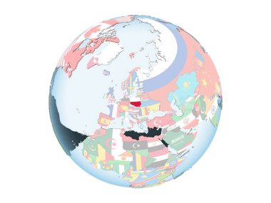 Polonya katıştırılmış bayrak ile parlak siyasi dünya üzerinde. 3d illüstrasyon izole beyaz arka plan üzerinde.