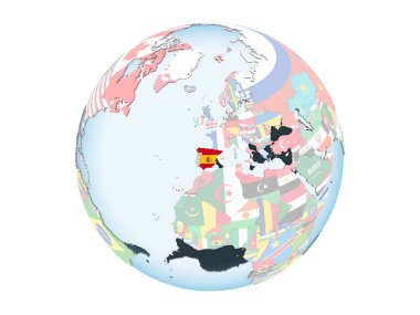 İspanya katıştırılmış bayrak ile parlak siyasi dünya üzerinde. 3d illüstrasyon izole beyaz arka plan üzerinde.