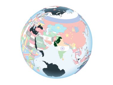 Pakistan katıştırılmış bayrak ile parlak siyasi dünya üzerinde. 3d illüstrasyon izole beyaz arka plan üzerinde.