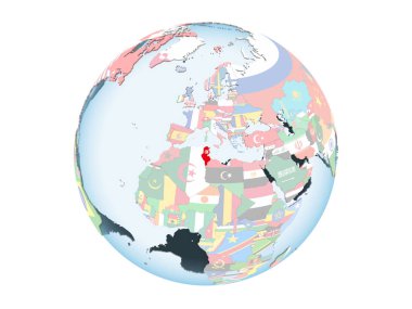 Tunus katıştırılmış bayrak ile parlak siyasi dünya üzerinde. 3d illüstrasyon izole beyaz arka plan üzerinde.