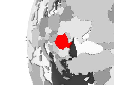 Romanya vurgulanan gri, şeffaf okyanuslar ile siyasi dünya 3d modeli. 3D çizim.