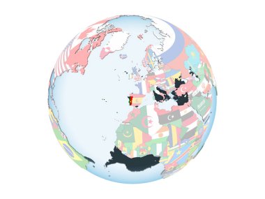 Portekiz katıştırılmış bayrak ile parlak siyasi dünya üzerinde. 3d illüstrasyon izole beyaz arka plan üzerinde.