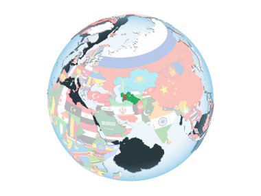 Türkmenistan katıştırılmış bayrak ile parlak siyasi dünya üzerinde. 3d illüstrasyon izole beyaz arka plan üzerinde.