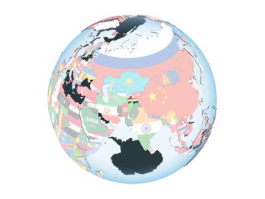 Tacikistan katıştırılmış bayrak ile parlak siyasi dünya üzerinde. 3d illüstrasyon izole beyaz arka plan üzerinde.