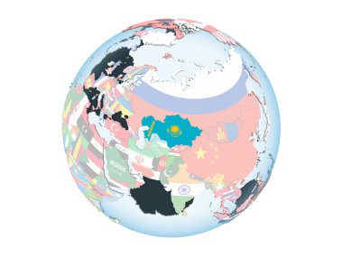 Kazakistan katıştırılmış bayrak ile parlak siyasi dünya üzerinde. 3d illüstrasyon izole beyaz arka plan üzerinde.