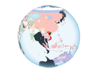 Vietnam katıştırılmış bayrak ile parlak siyasi dünya üzerinde. 3d illüstrasyon izole beyaz arka plan üzerinde.