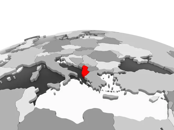 Albánie Červené Barvě Šedý Model Politické Zeměkoule Transparentní Oceány Obrázek — Stock fotografie